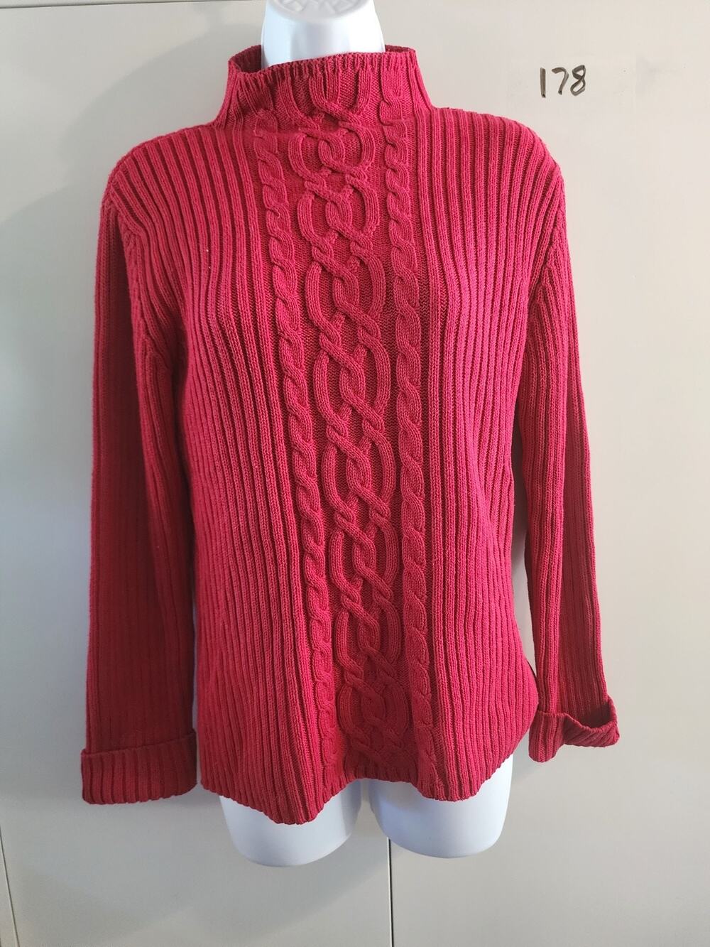 Vintage Talbots Womens Red Cable Knit Mock Neck Sweater Small 100% Cotton Ribbed